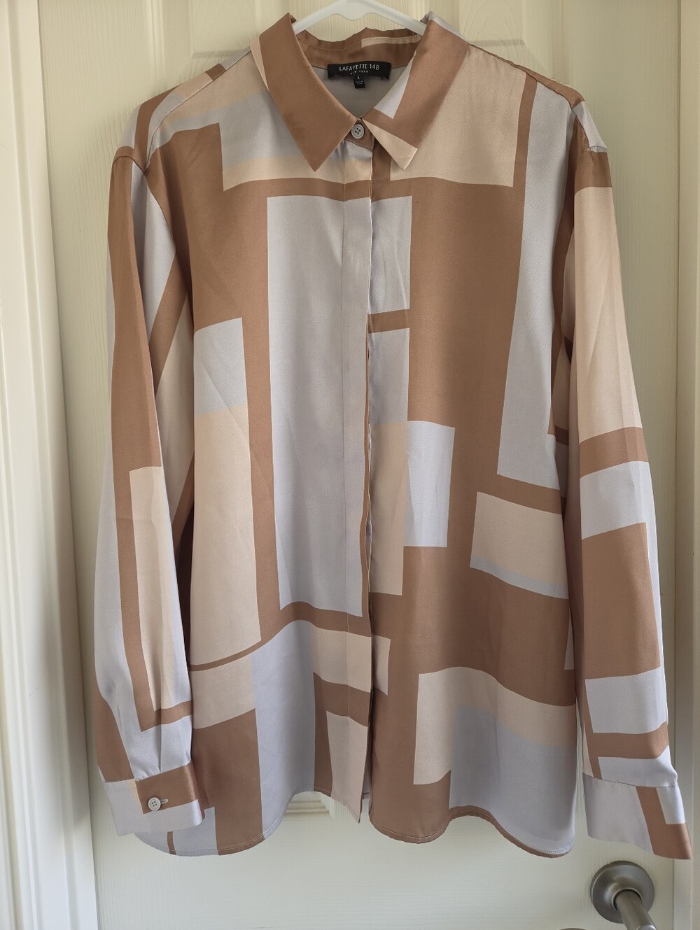 Lafayette 148 New York Zora Graphic Block Twill Blouse Shirt Geometric Tan L
